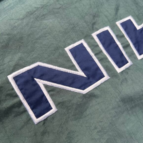 Vintage Nike Swoosh Split Hooded Long Puffer Jacket Parka Coat Green Navy L 90s - Picture 7 of 15